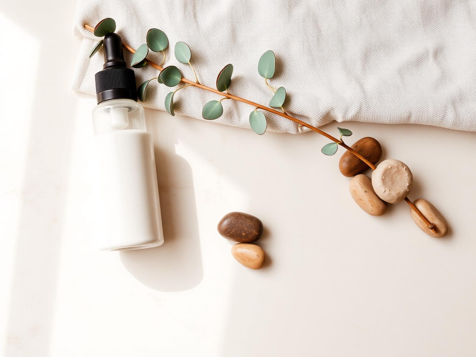 Warm, minimal skincare flatlay with dropper bottle, eucalyptus, and stones